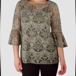 NY‎ Collection NWT size 1X green floral tank underneath ruffle bell sleeve